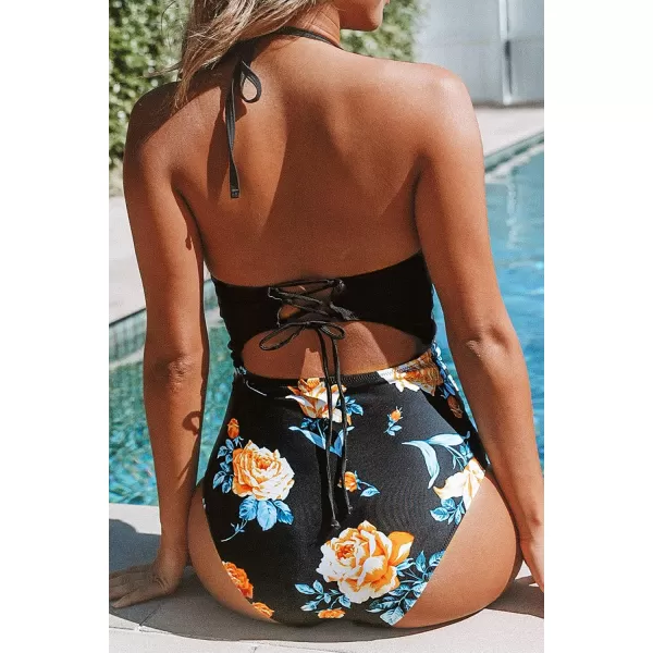 imageCUPSHE Womens One Piece Swimsuit Twist Cutout Front Crisscross Lace Up BackBlack