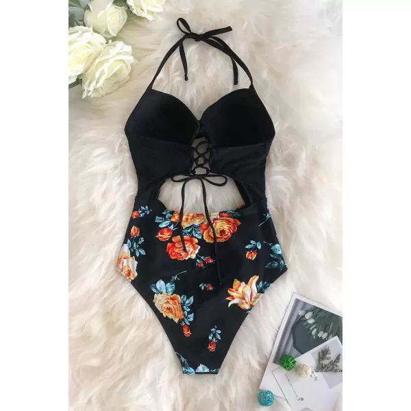 imageCUPSHE Womens One Piece Swimsuit Twist Cutout Front Crisscross Lace Up BackBlack