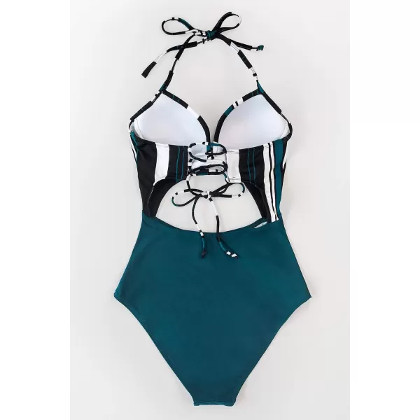 imageCUPSHE Womens One Piece Swimsuit Twist Cutout Front Crisscross Lace Up BackBlue Stripe