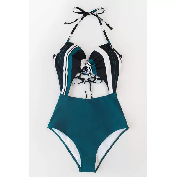 imageCUPSHE Womens One Piece Swimsuit Twist Cutout Front Crisscross Lace Up BackBlue Stripe