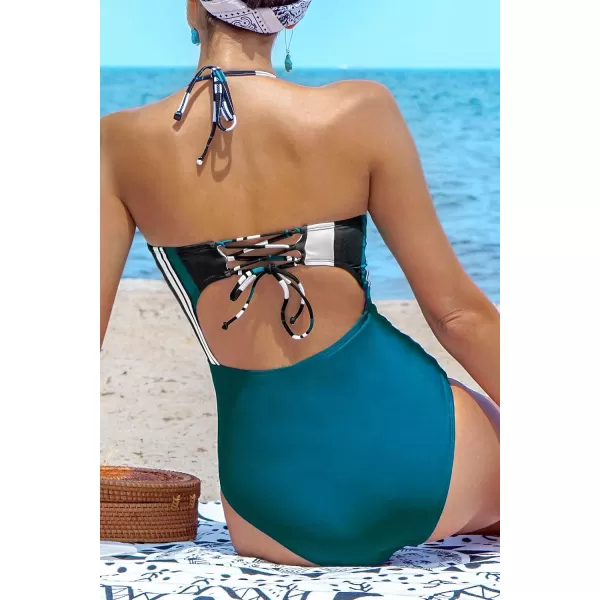 imageCUPSHE Womens One Piece Swimsuit Twist Cutout Front Crisscross Lace Up BackBlue Stripe