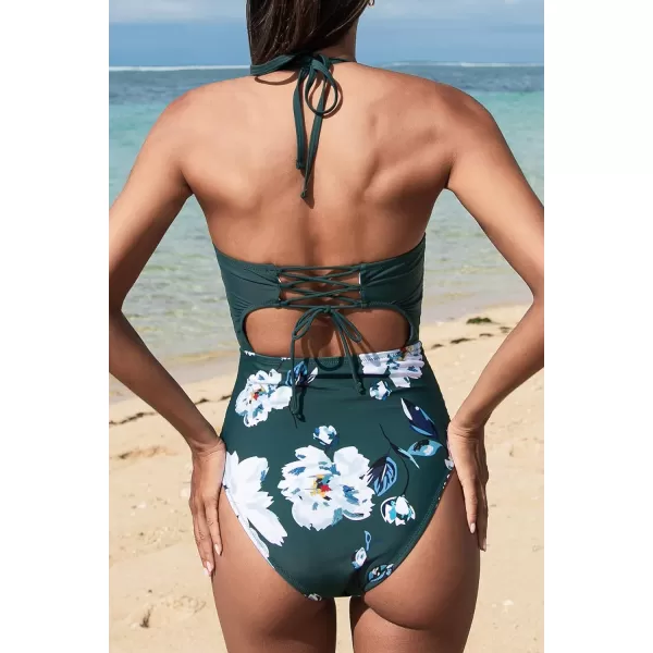 imageCUPSHE Womens One Piece Swimsuit Twist Cutout Front Crisscross Lace Up BackDeep Green