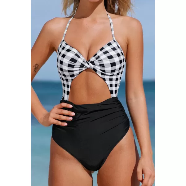 imageCUPSHE Womens One Piece Swimsuit Twist Cutout Front Crisscross Lace Up BackGingham