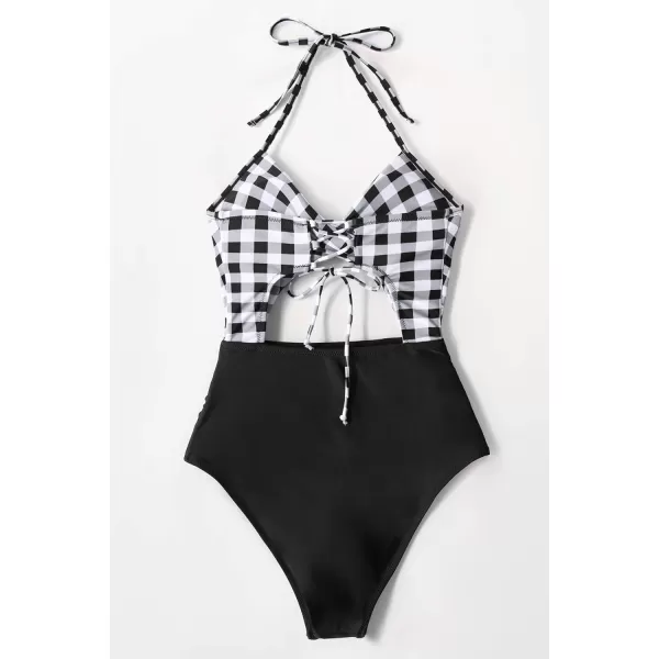 imageCUPSHE Womens One Piece Swimsuit Twist Cutout Front Crisscross Lace Up BackGingham