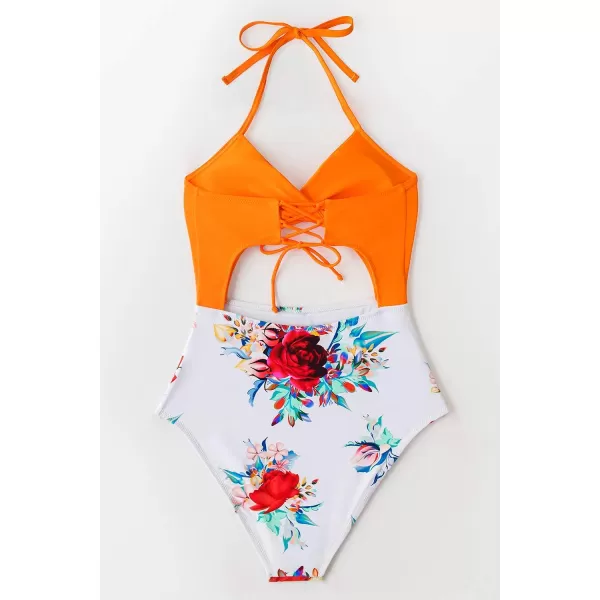 imageCUPSHE Womens One Piece Swimsuit Twist Cutout Front Crisscross Lace Up BackOrange Floral