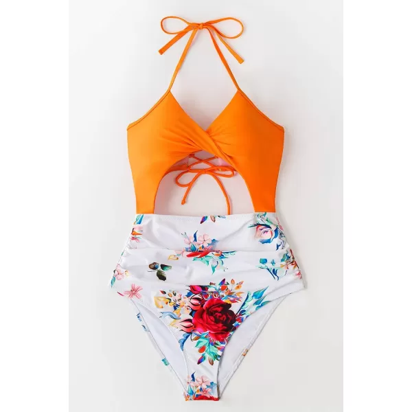 imageCUPSHE Womens One Piece Swimsuit Twist Cutout Front Crisscross Lace Up BackOrange Floral