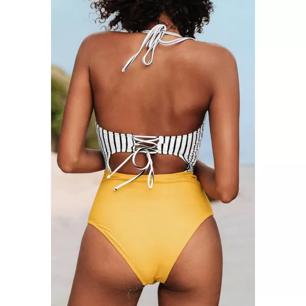 imageCUPSHE Womens One Piece Swimsuit Twist Cutout Front Crisscross Lace Up BackStripe Yellow