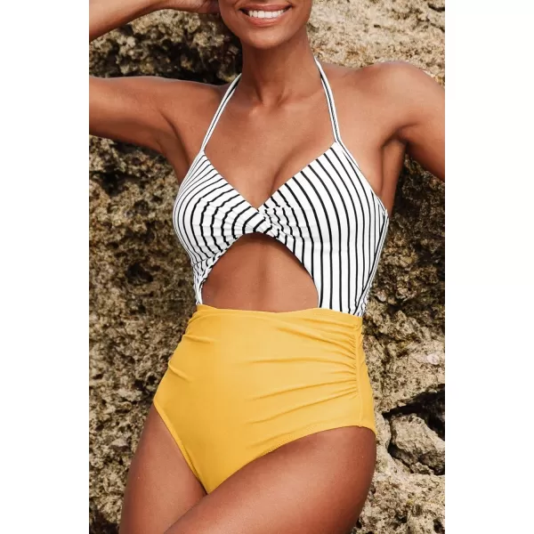 imageCUPSHE Womens One Piece Swimsuit Twist Cutout Front Crisscross Lace Up BackStripe Yellow