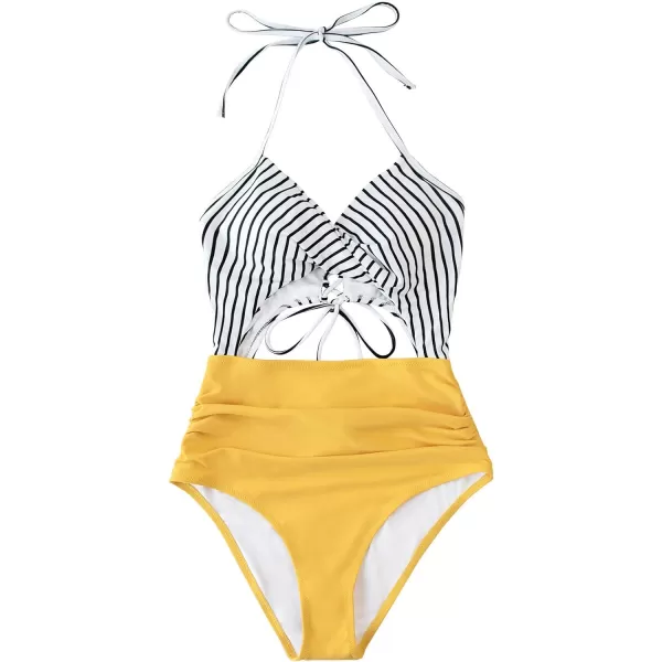 imageCUPSHE Womens One Piece Swimsuit Twist Cutout Front Crisscross Lace Up BackStripe Yellow