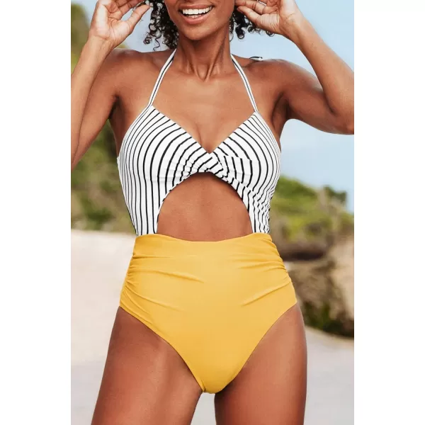 imageCUPSHE Womens One Piece Swimsuit Twist Cutout Front Crisscross Lace Up BackStripe Yellow