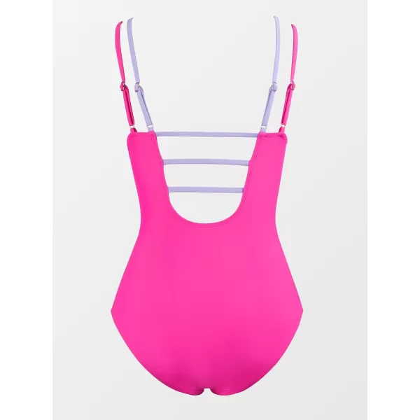 imageCUPSHE Womens One Piece Swimsuit V Neck Adjustable Straps Back Cutout Ruched Color Block Bathing SuitHot Pink