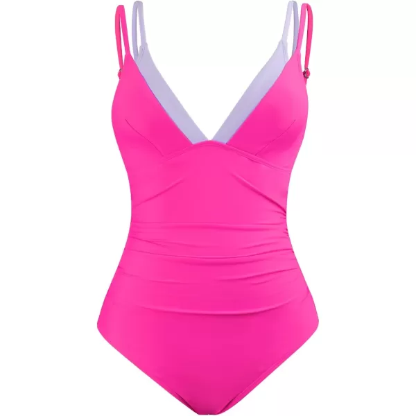 imageCUPSHE Womens One Piece Swimsuit V Neck Adjustable Straps Back Cutout Ruched Color Block Bathing SuitHot Pink