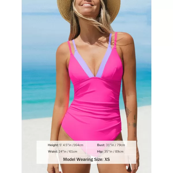 imageCUPSHE Womens One Piece Swimsuit V Neck Adjustable Straps Back Cutout Ruched Color Block Bathing SuitHot Pink