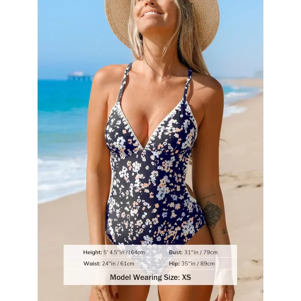 imageCUPSHE Womens One Piece Swimsuit V Neck Adjustable Straps Crisscross Back Tie Lace upNavy Blue Floral