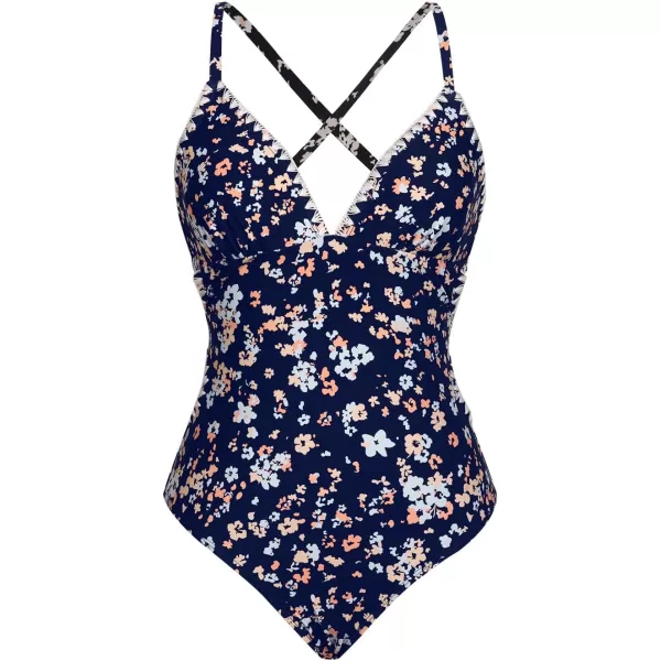 imageCUPSHE Womens One Piece Swimsuit V Neck Adjustable Straps Crisscross Back Tie Lace upNavy Blue Floral