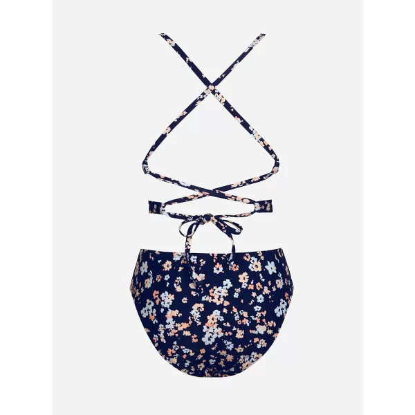 imageCUPSHE Womens One Piece Swimsuit V Neck Adjustable Straps Crisscross Back Tie Lace upNavy Blue Floral