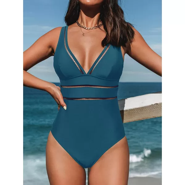 imageCUPSHE Womens One Piece Swimsuit V Neck Adjustable Wide Straps Ladder Trim Low BackBlue