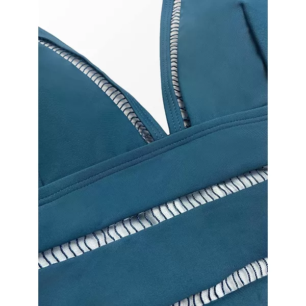 imageCUPSHE Womens One Piece Swimsuit V Neck Adjustable Wide Straps Ladder Trim Low BackBlue