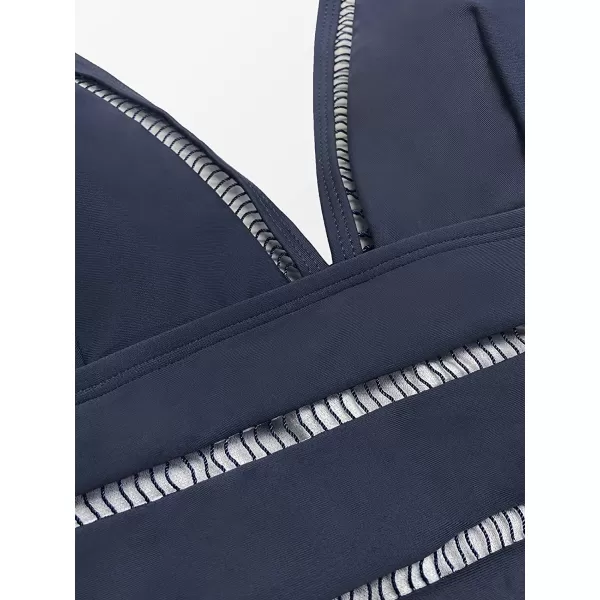 imageCUPSHE Womens One Piece Swimsuit V Neck Adjustable Wide Straps Ladder Trim Low BackDark Navy