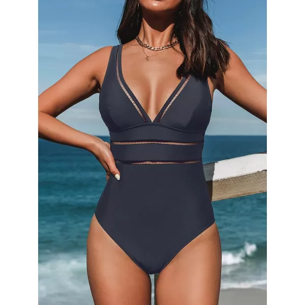 imageCUPSHE Womens One Piece Swimsuit V Neck Adjustable Wide Straps Ladder Trim Low BackDark Navy