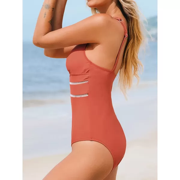 imageCUPSHE Womens One Piece Swimsuit V Neck Adjustable Wide Straps Ladder Trim Low BackOrange