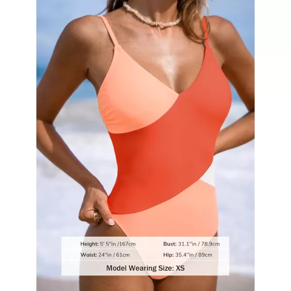 imageCUPSHE Womens One Piece Swimsuit V Neck Bathing Suit Color Block Adjustable Straps TrendyOrangePink