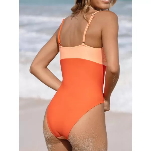 imageCUPSHE Womens One Piece Swimsuit V Neck Bathing Suit Color Block Adjustable Straps TrendyOrangePink