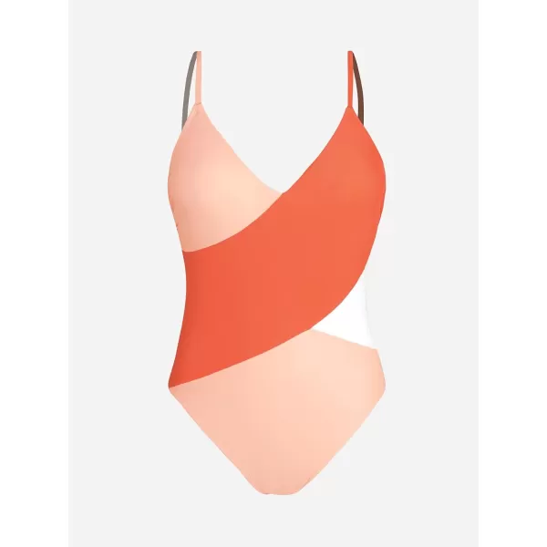 imageCUPSHE Womens One Piece Swimsuit V Neck Bathing Suit Color Block Adjustable Straps TrendyOrangePink