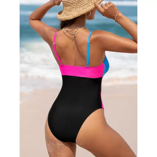 imageCUPSHE Womens One Piece Swimsuit V Neck Bathing Suit Color Block Adjustable Straps TrendyPinkBlack
