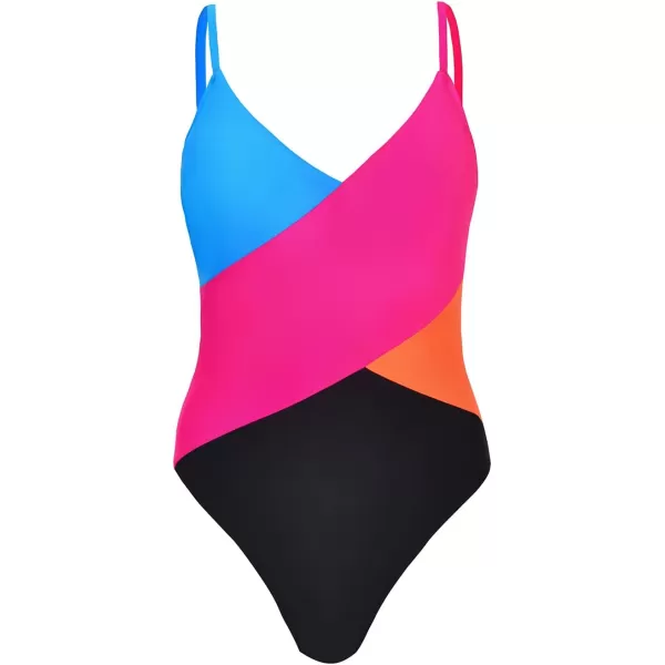 imageCUPSHE Womens One Piece Swimsuit V Neck Bathing Suit Color Block Adjustable Straps TrendyPinkBlack