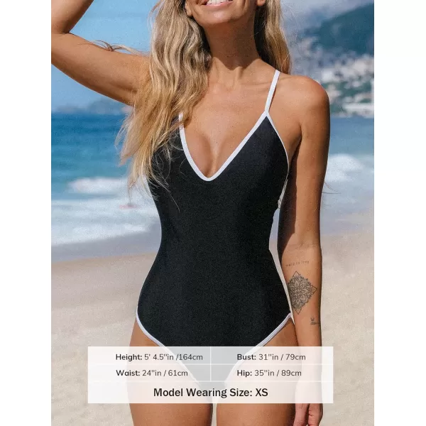 imageCUPSHE Womens One Piece Swimsuit V Neck Bathing Suit Crisscross Back SwimwearBlack White