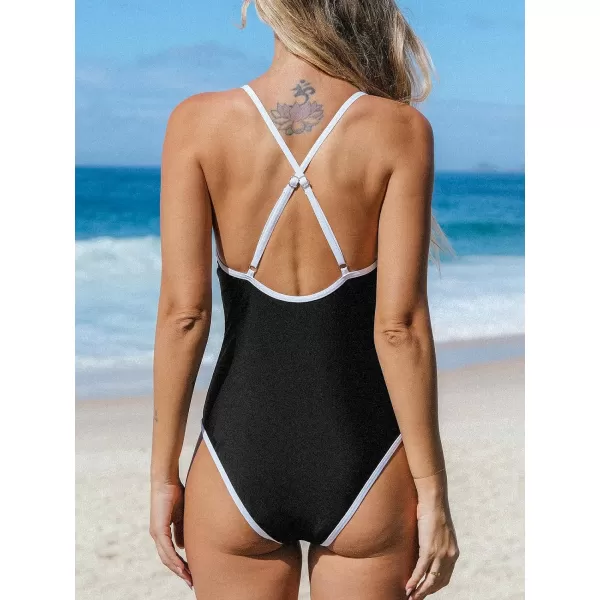 imageCUPSHE Womens One Piece Swimsuit V Neck Bathing Suit Crisscross Back SwimwearBlack White