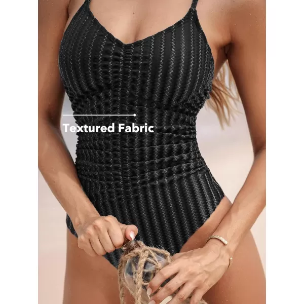 imageCUPSHE Womens One Piece Swimsuit V Neck Bathing Suit Crisscross Back Tie Cutout Lace up Adjustable Straps Ruched TextureBlack