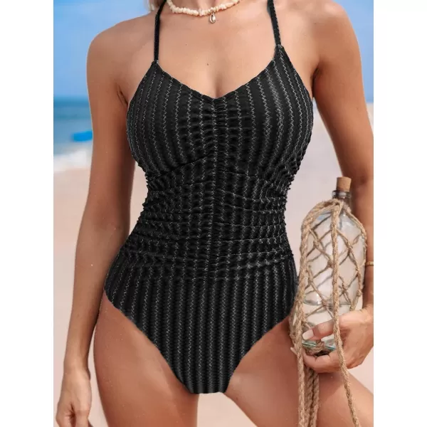 imageCUPSHE Womens One Piece Swimsuit V Neck Bathing Suit Crisscross Back Tie Cutout Lace up Adjustable Straps Ruched TextureBlack