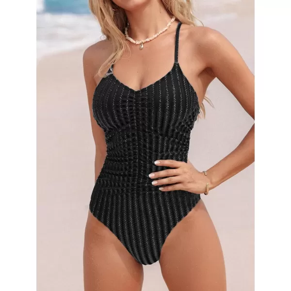 imageCUPSHE Womens One Piece Swimsuit V Neck Bathing Suit Crisscross Back Tie Cutout Lace up Adjustable Straps Ruched TextureBlack
