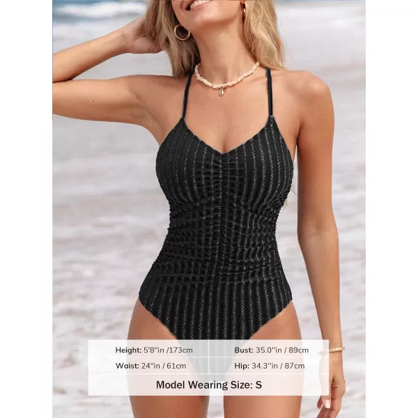 imageCUPSHE Womens One Piece Swimsuit V Neck Bathing Suit Crisscross Back Tie Cutout Lace up Adjustable Straps Ruched TextureBlack