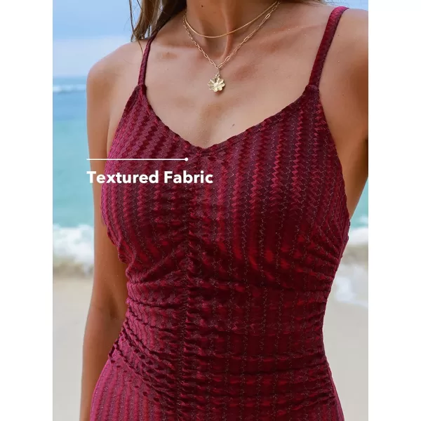 imageCUPSHE Womens One Piece Swimsuit V Neck Bathing Suit Crisscross Back Tie Cutout Lace up Adjustable Straps Ruched TextureWine Red