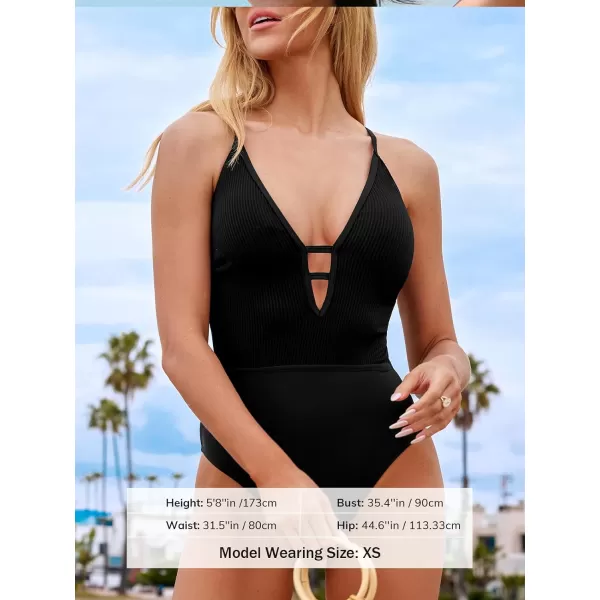 imageCUPSHE Womens One Piece Swimsuit V Neck Bathing Suit Crisscross Back Tie Ribbed SwimwearBlack