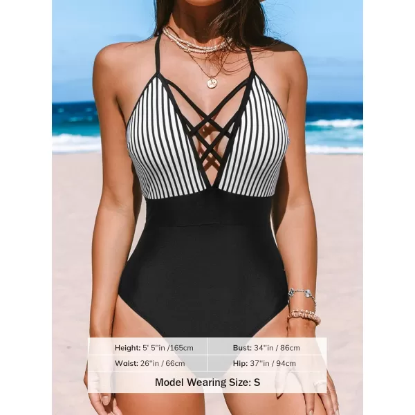 imageCUPSHE Womens One Piece Swimsuit V Neck Bathing Suit Front Crisscross SwimwearBlack Vertical Stripes