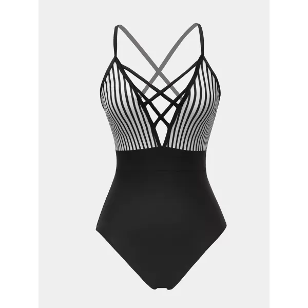 imageCUPSHE Womens One Piece Swimsuit V Neck Bathing Suit Front Crisscross SwimwearBlack Vertical Stripes