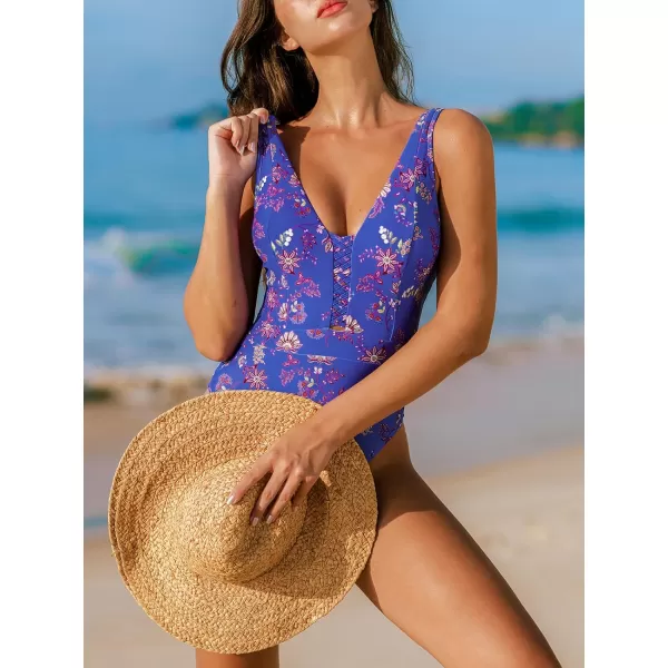 imageCUPSHE Womens One Piece Swimsuit V Neck Bathing Suit Front Keyhole Cutout Retro Adjustable Wide StrapsRoyal BlueFloral