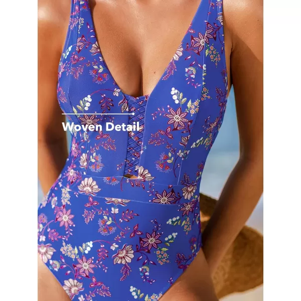 imageCUPSHE Womens One Piece Swimsuit V Neck Bathing Suit Front Keyhole Cutout Retro Adjustable Wide StrapsRoyal BlueFloral