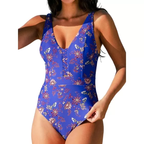 imageCUPSHE Womens One Piece Swimsuit V Neck Bathing Suit Front Keyhole Cutout Retro Adjustable Wide StrapsRoyal BlueFloral