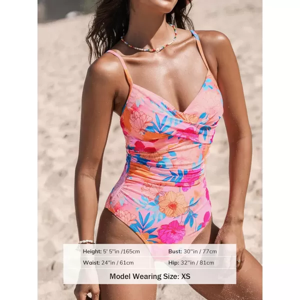 imageCUPSHE Womens One Piece Swimsuit V Neck Bathing Suit Front Wrap Ruched Underwire Cups Adjustable StrapsPeachy PinkFloral