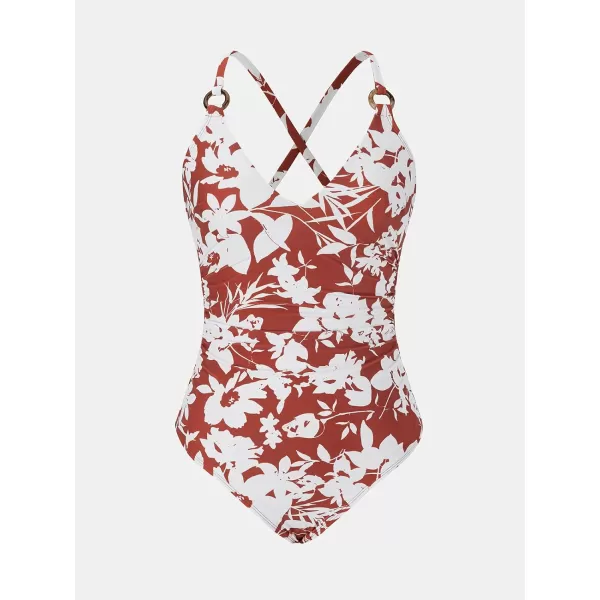 imageCUPSHE Womens One Piece Swimsuit V Neck Bathing Suit ORing Back Tie SwimwearBrick Red White