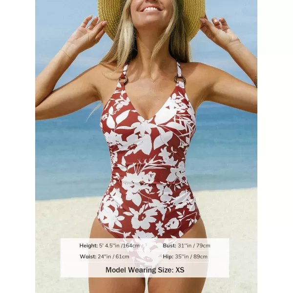 imageCUPSHE Womens One Piece Swimsuit V Neck Bathing Suit ORing Back Tie SwimwearBrick Red White