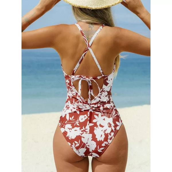 imageCUPSHE Womens One Piece Swimsuit V Neck Bathing Suit ORing Back Tie SwimwearBrick Red White