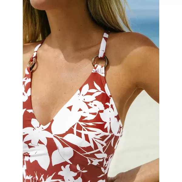 imageCUPSHE Womens One Piece Swimsuit V Neck Bathing Suit ORing Back Tie SwimwearBrick Red White