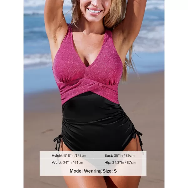 imageCUPSHE Womens One Piece Swimsuit V Neck Bathing Suit Ruched Drawstring Color Block Sparkle Adjustable StrapsMagenta Pink