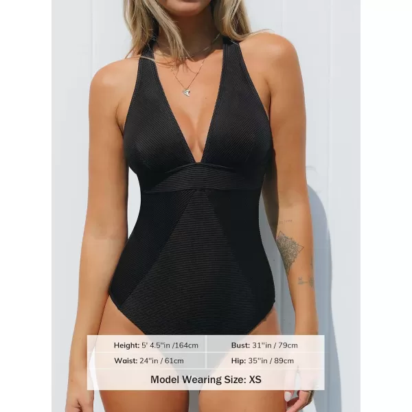 imageCUPSHE Womens One Piece Swimsuit V Neck Bathing Suit Tummy Control Cross Back Swimwear RibbedBlack